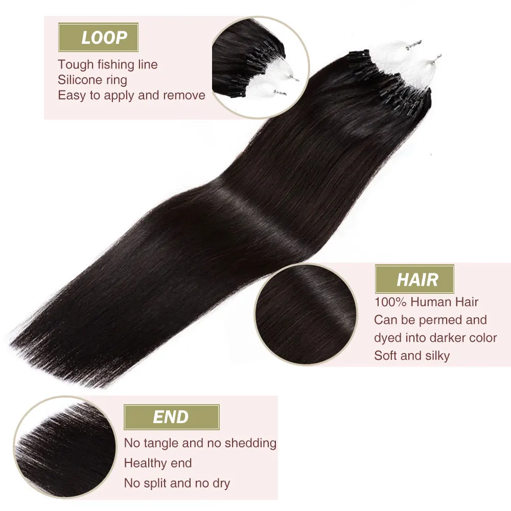 Micro Loop Hair Extensions Human Hair 22 Inch 50g/Pack Real Remy Human Hair Natural Black Micro Beads European Hair Extensions