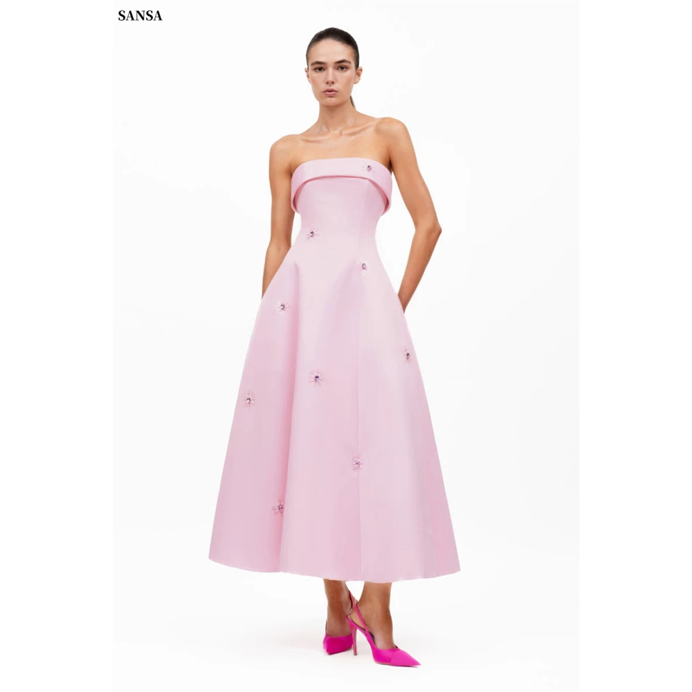 

Sansa Customized Light Pink Strapless A-Line Elegant Crystal Prom Dress Sleeveless Vestidos De Noche Ankle-Length Formal Evening