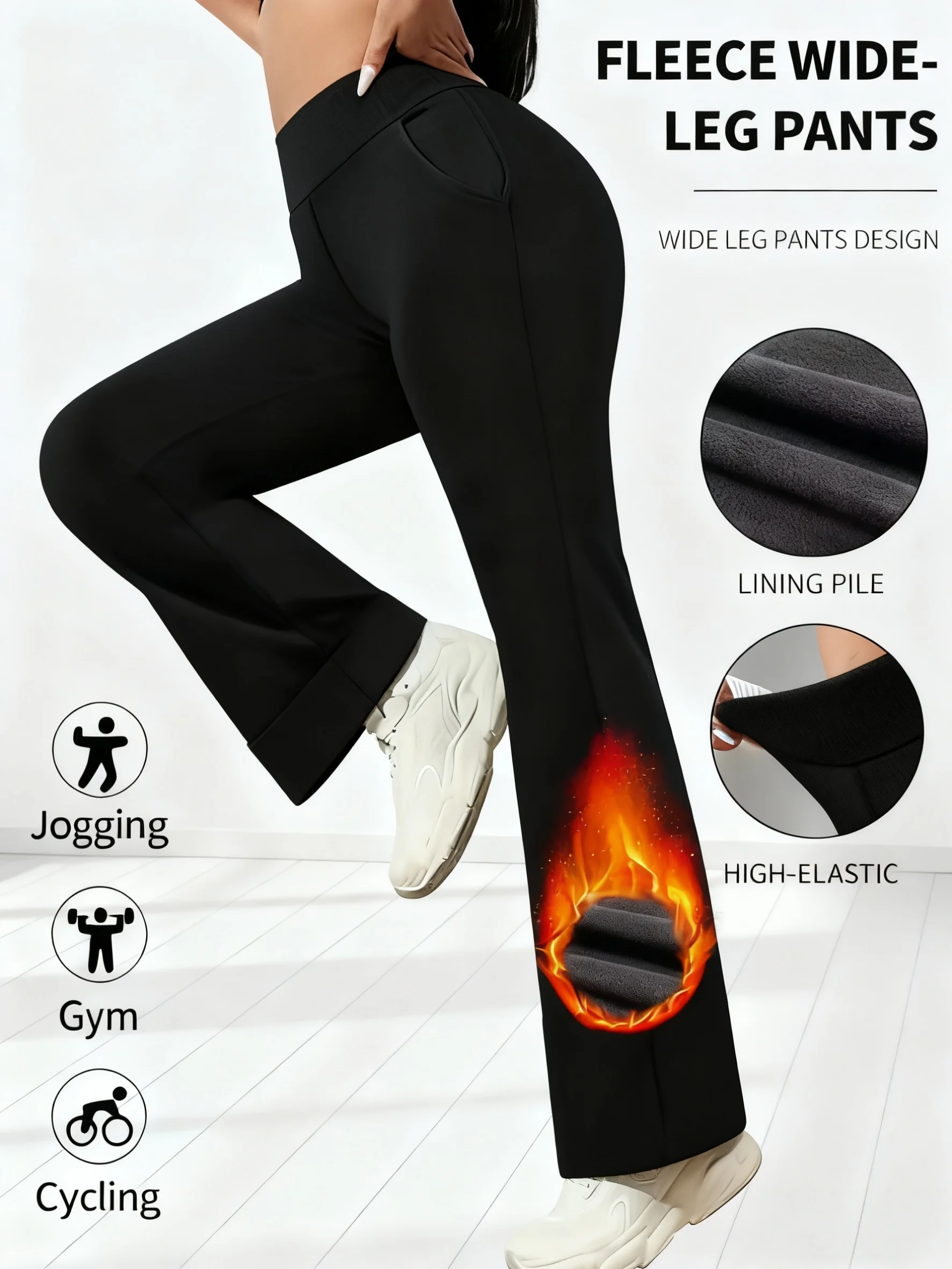 

Зимние теплые широкие брюки на флисовой подкладке для женщин, черные свободные удобные термобелье с высокой талией