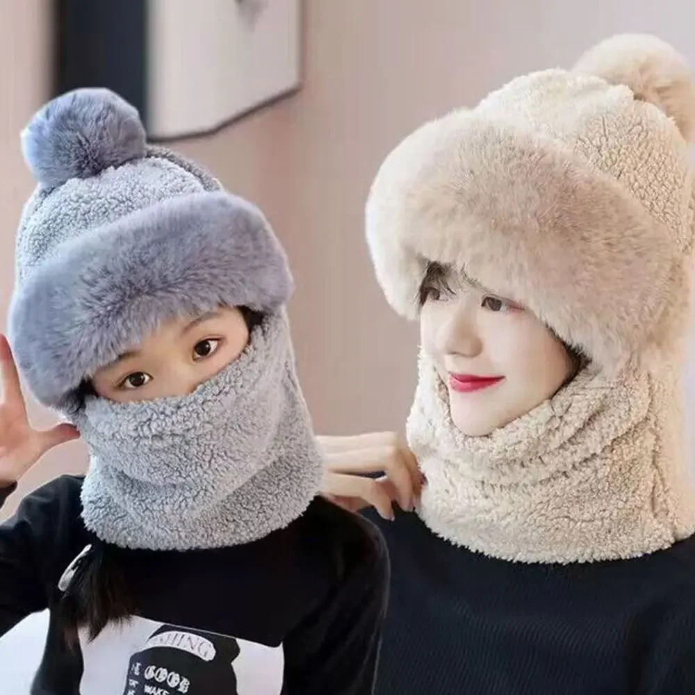 AliExpress Winter Scarf Set Hooded for Women Plush Neck Warm Russia Outdoor Ski Windproof Hat Thick Plush Fluffy Beanies Cycling Cap