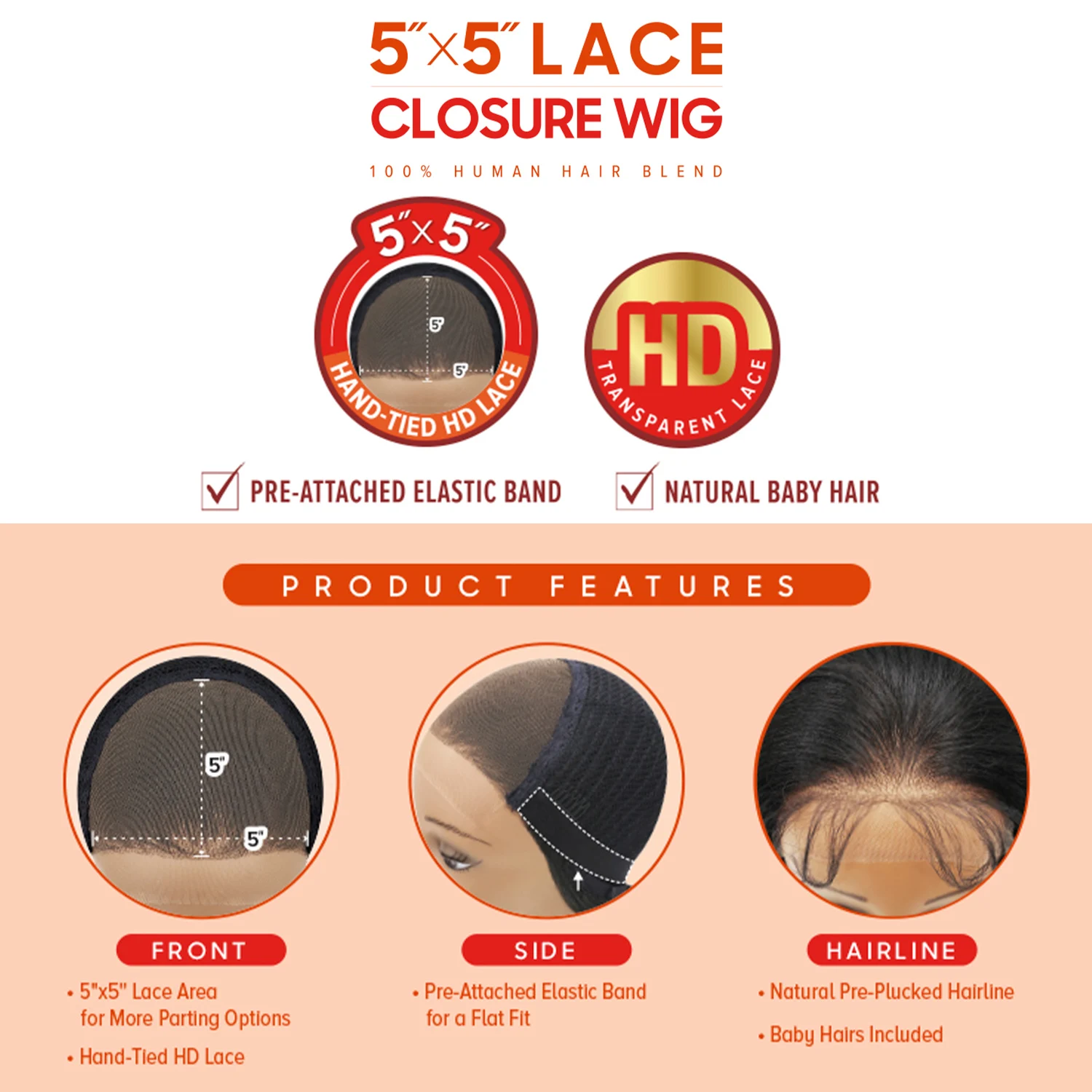 Outre مزيج الشعر البشري غلويليس HD 5X5 الدانتيل إغلاق شعر مستعار اصطناعي ياكي مستقيم 26"