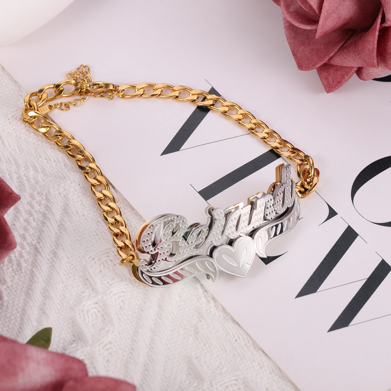New Customized Bracelets Name Double Layer Two Tone Heart Cuban Chain Personalized Custom Gold Plated Name Bracelet For Women view 2
