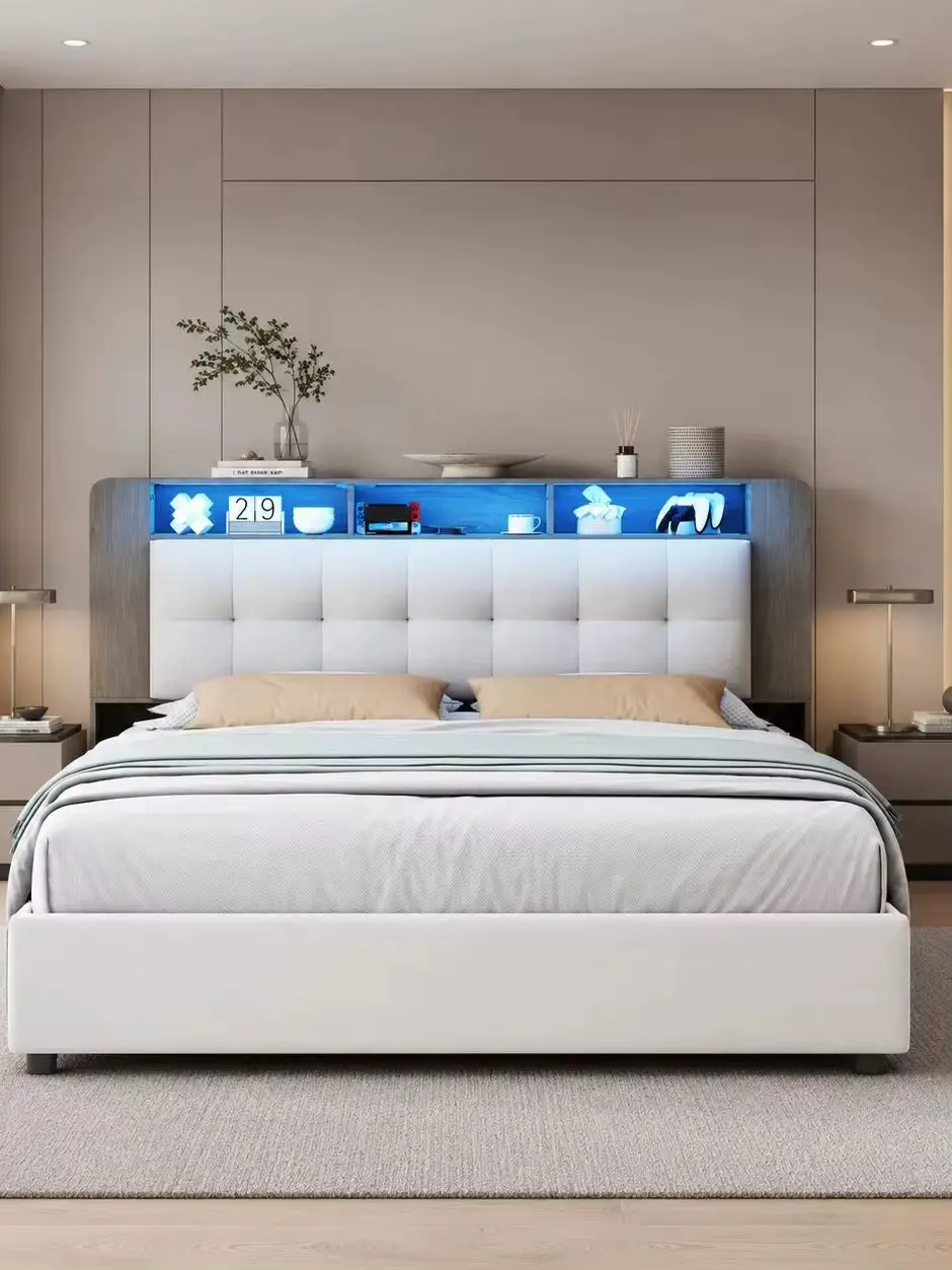 Gepolstertes Hydraulisches Stauraumbett 140/*160x200, Kopfteil mit Mehreren Offenen Staufächern, Gepolstertes Quadratisches Gestepptes Kopfteil, Großer Stauraum unter dem Bett, Modernes Doppelbett für
