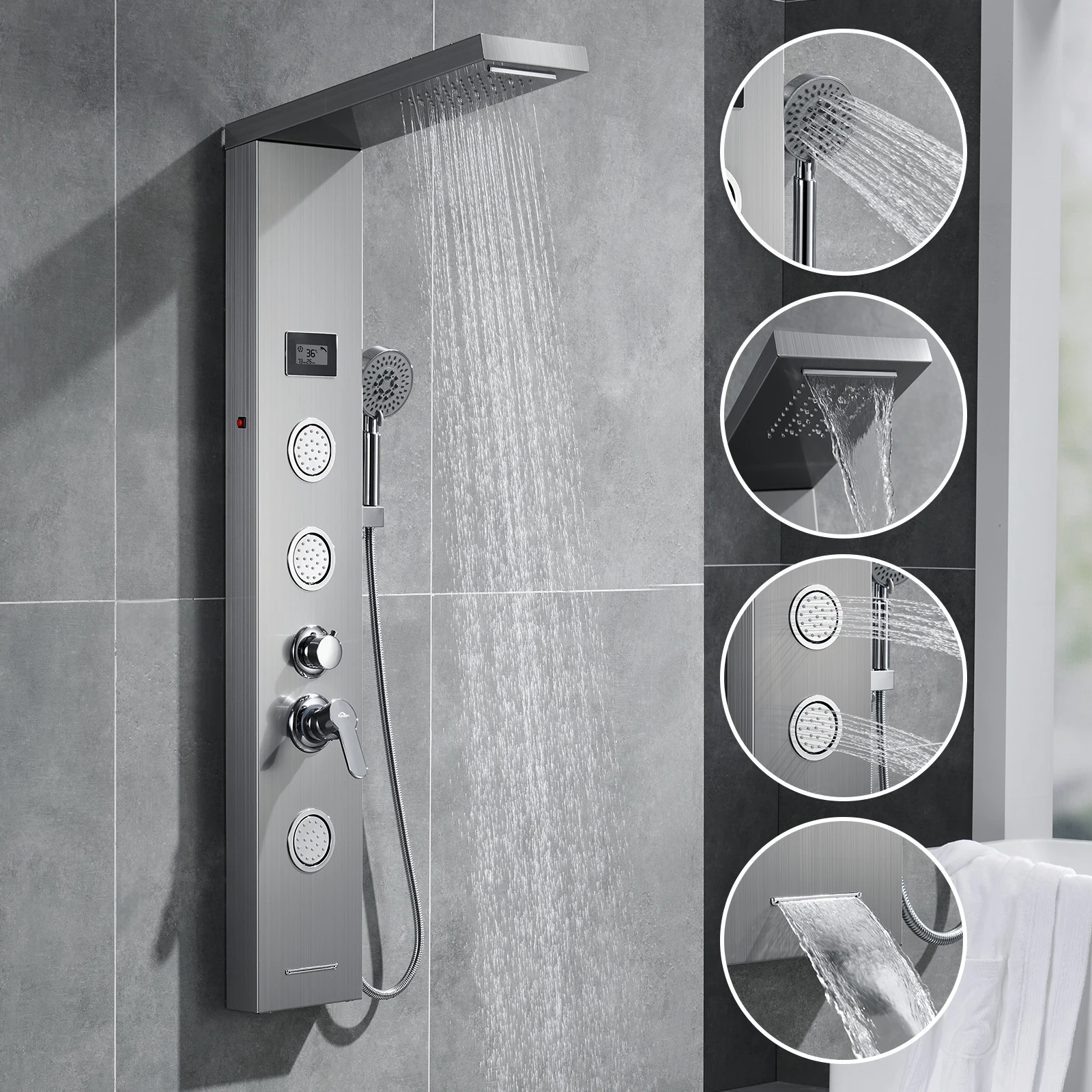 Columna de ducha de hidromasaje de acero inoxidable, con indicador de temperatura LCD, ducha de 5 chorros, indicador de ducha