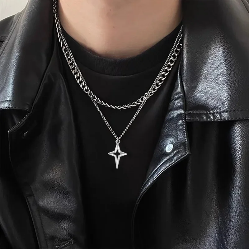 Doppelschichtige kubanische Stern-Anhänger-Halskette für Mann, Titanstahl, Hip-Hop-Design, Schlüsselbeinkette, Unisex-Schmuck im Großhandel