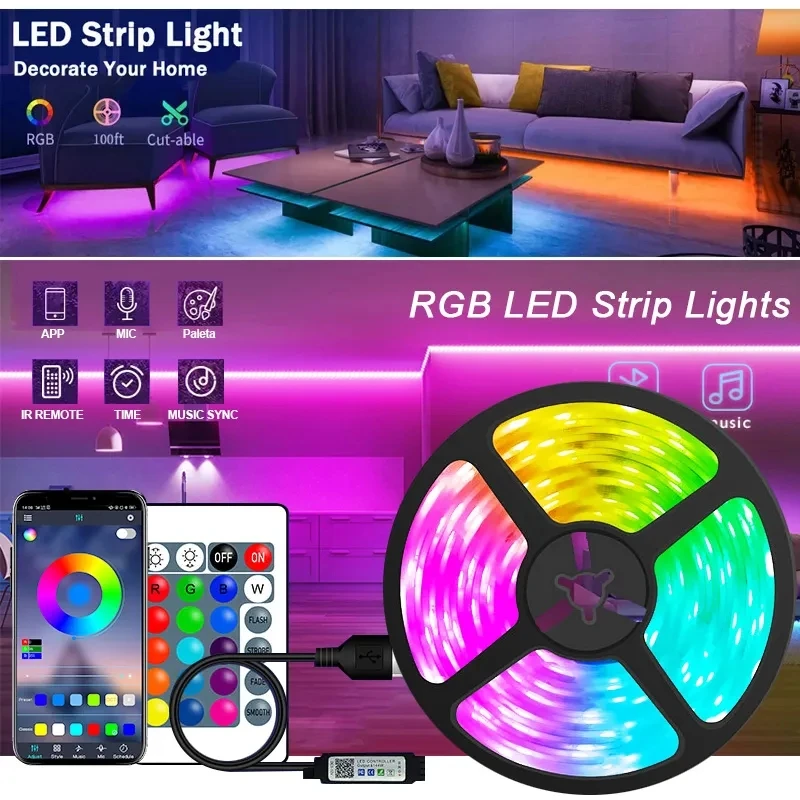 USB Led Strip Lights 5050 RGB Led Light Bluetooth APP Control Luces Led Flexible Diode Lamp Ribbon For Room Decoration Lighting