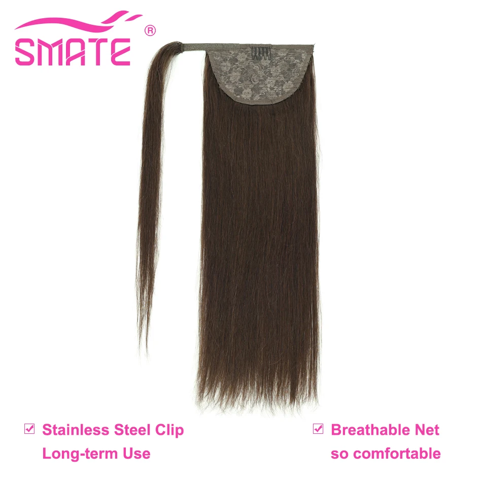 SMATE Wrap Around Ponytail Human Hair Pontail Clip In Ponytail 100% Brazilian Human Hair #2 Straight Remy Hair 70G 14\