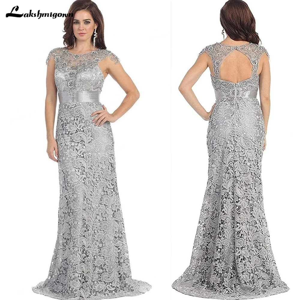 

Floral Lace Mother Of The Bride Dress Illusion Jeweled Neck Cap Sleeve Sheath Pleated Wide Waistband Keyhole Open Back