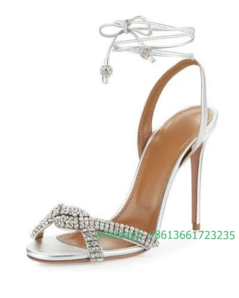 Rhinestone Ankle Strap women Sandals Stiletto Heel Open Toe Cross Bling Bling Crystal Strap High Heels Women Shiny Fahion Shoes