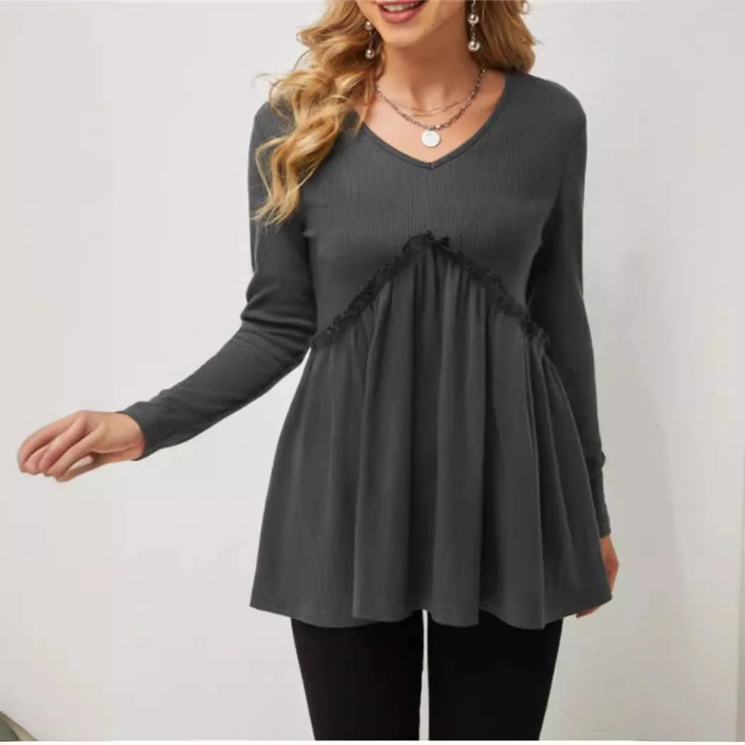 Ladies Long Sleeve Blouse Shirt Top Spring Autumn Loose Casual Female Women Solid V-Neck Blouse Shirt Pullover Top Plus Size