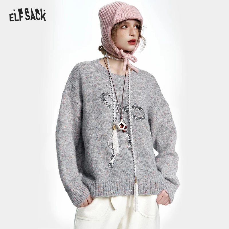 

ELFSACK 2024 Winter New Arrivals Round Neck Grey Colorful Dots Bowknot Sequins Sweater Women