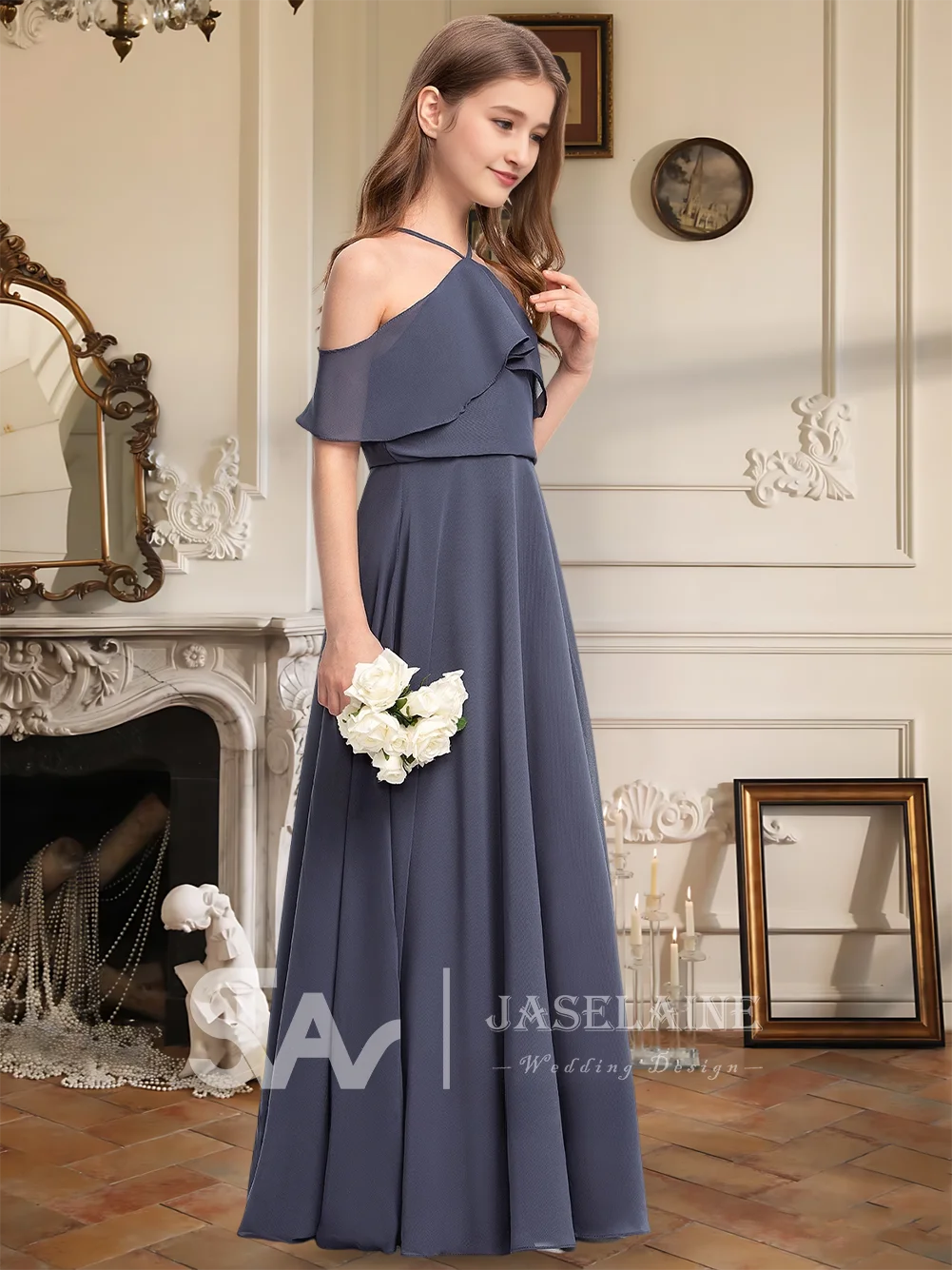 

A A Line Cold Shoulder Halter Junior Bridesmaid Dress Flower Girl Dress Floor Length Chiffon Cascading Ruffle Wedding Formal