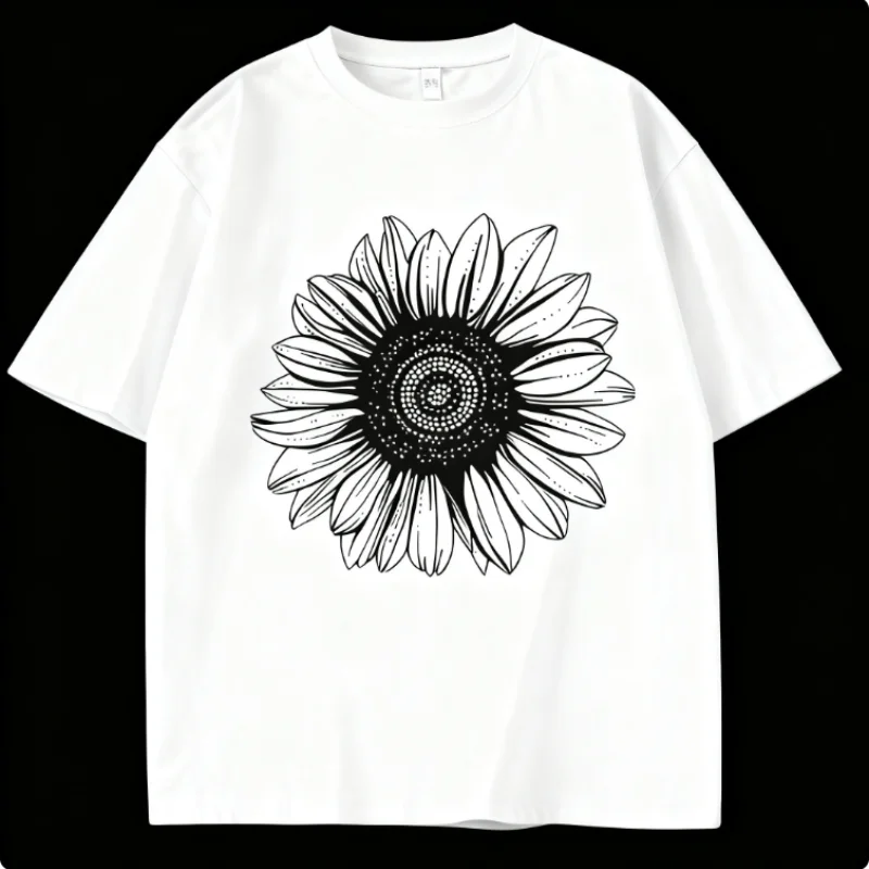 เสื้อยืดโอเวอร์ไซส์ลายดอกไม้สีดำขาว แขนสั้น ผ้าฝ้าย 100% สำหรับผู้หญิง เสื้อคอตตอนแขนสั้นสำหรับฤดูหนาว