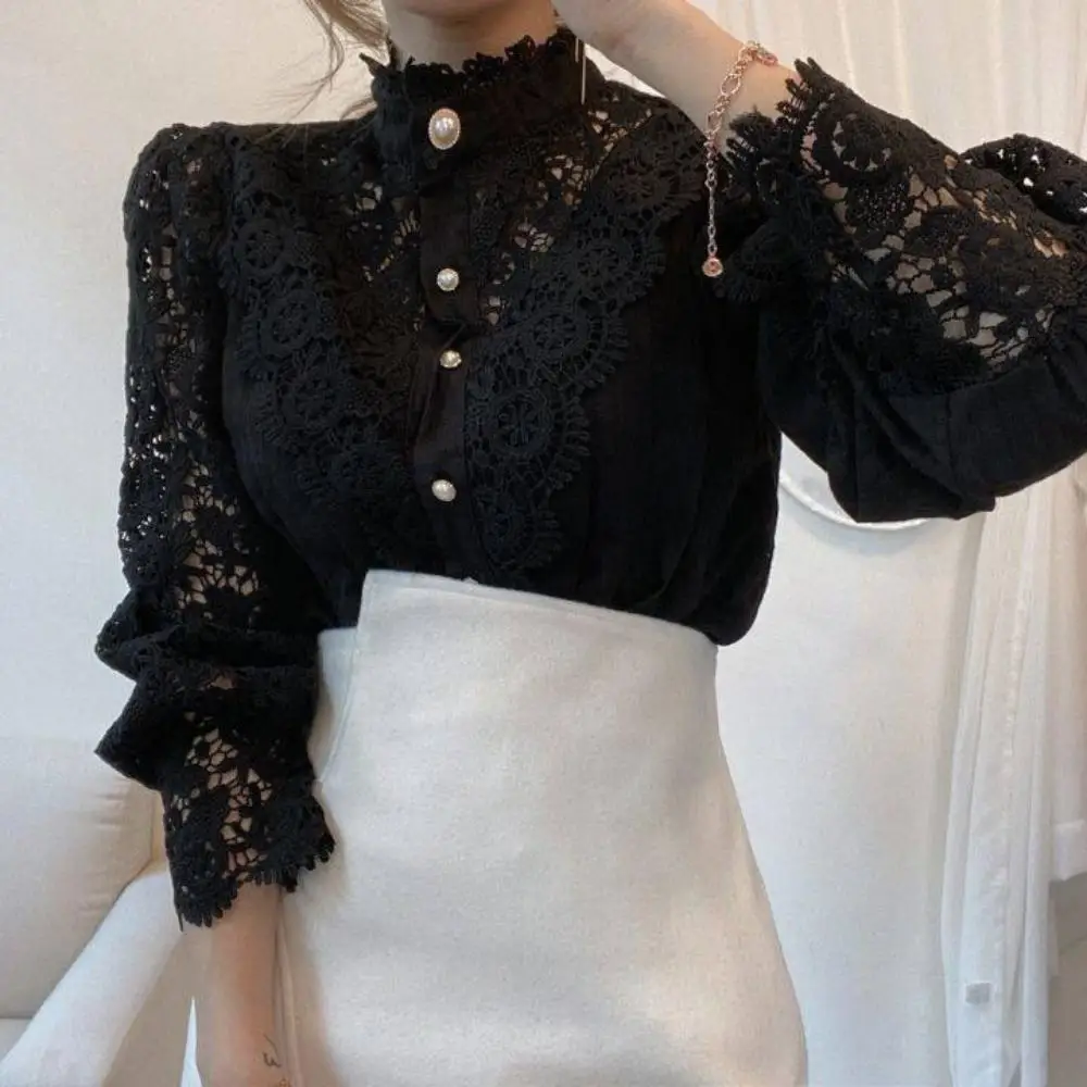 Women Vintage Lace Blouse Shirts Button Hollow Out Elegant Loose Tops Long Sleeve Autumn O-Neck Patchwork Shirt Female Clothing