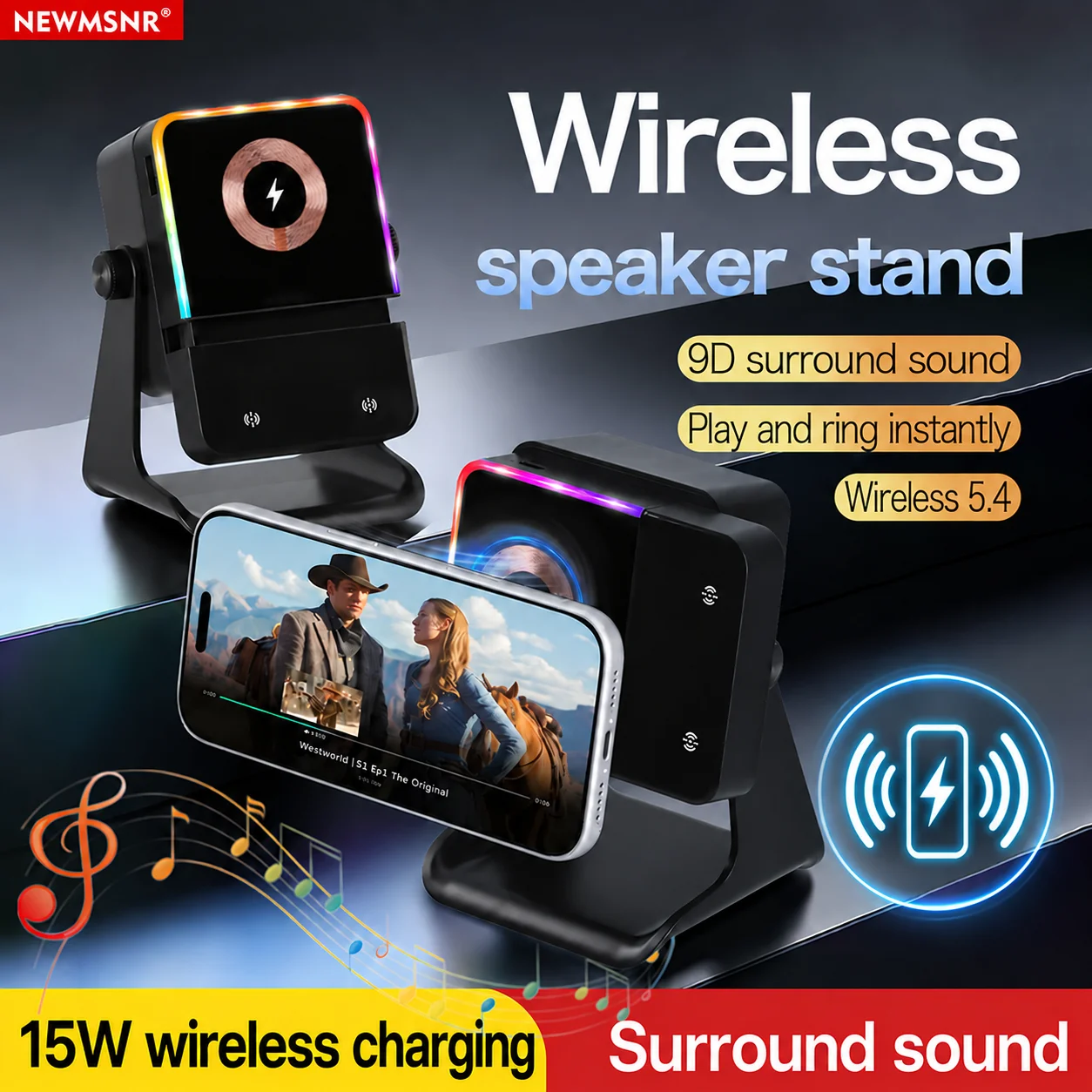 With 15W Wireless Charging Auto-induction Wireless Induction Speaker RGB Light Phone Stand Surround Sound Bluetooth Phone Holder