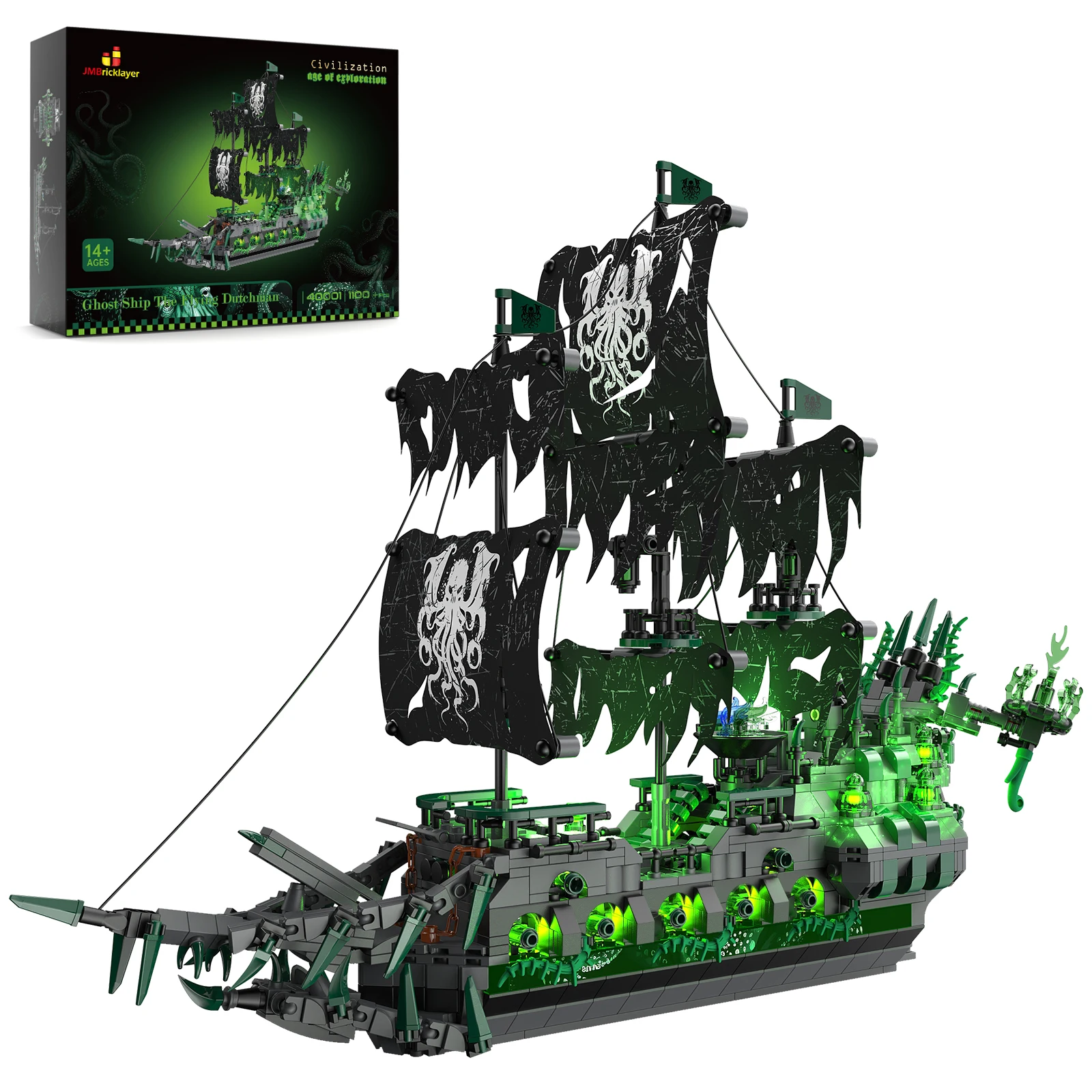 JMBricklayer Ghost Ship Building Toys with LED Lights, Flying Dutchman Pirate Ship Model, 1100 PCS Building Blocks Set for Adults, Christmas Birthday Gifts