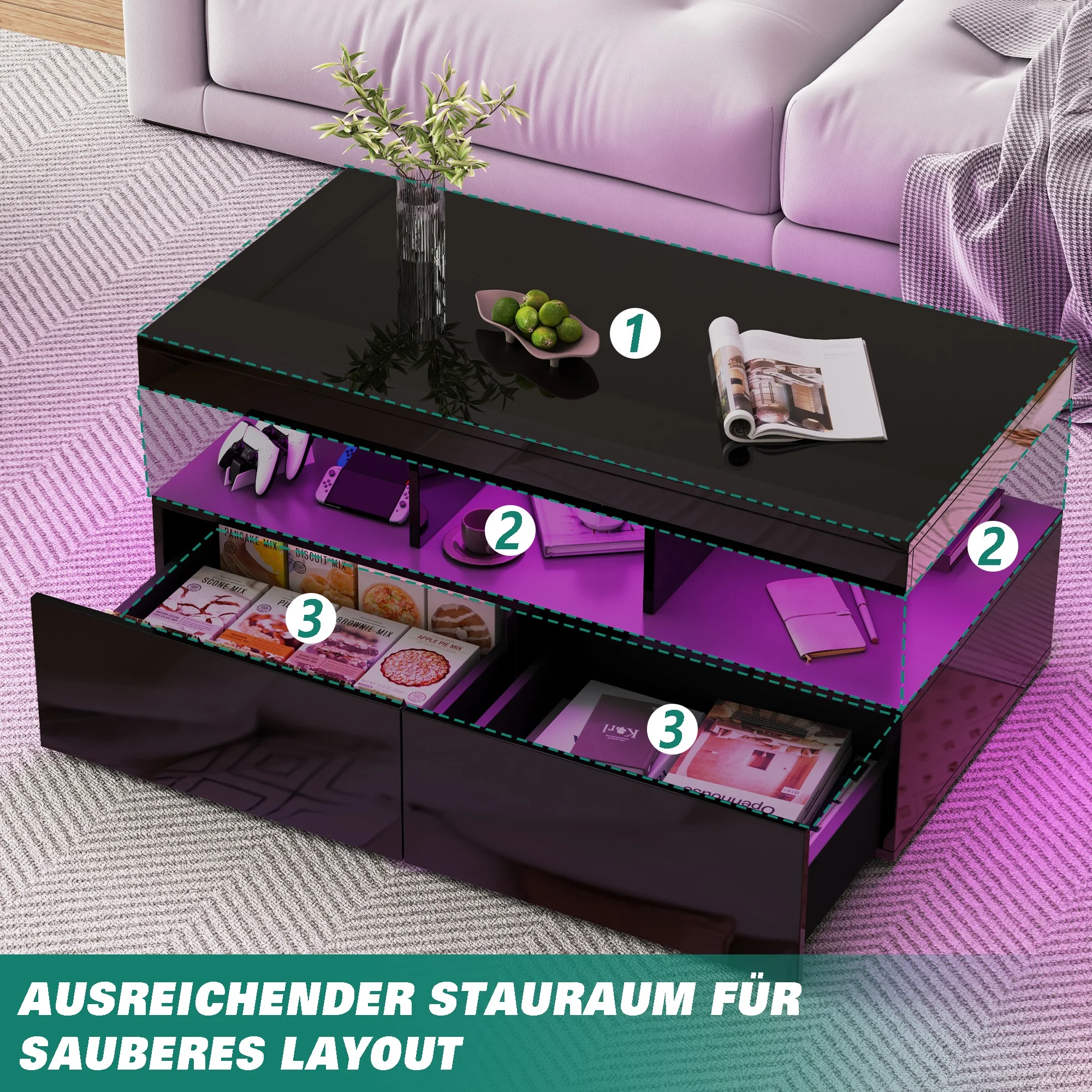 Imagen 5: Anajqaqia Mesa de centro brillante con LED, compartimentos abiertos, 2 cajones, mesa auxiliar, mesa de sofá, rectangular