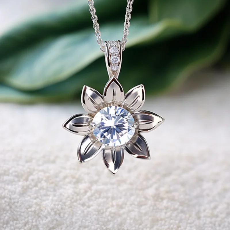 SGARIT Jewelry Classic 14K White Gold Sunflower Necklace Inlaid 3CT Round Cut Diamond Pendant Necklace for Girl Birthday Gift