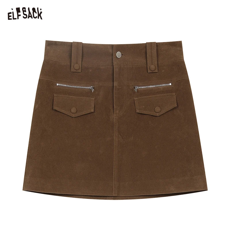 ELFSACK 2024 Winter New Arrivals Retro high waisted plush A-line skirt for women Preppy Style versatile short skirt