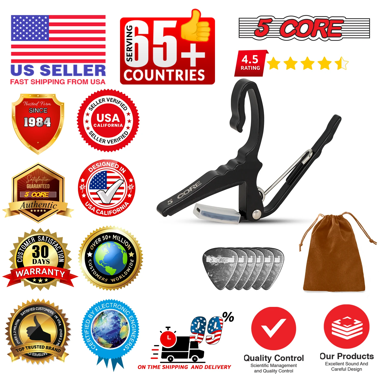 5Core Capo Klip Senar Gitar Elektrik Akustik + 6 Buah Pick Gitar Seluloid + Tas Jinjing CAPO AL BLK