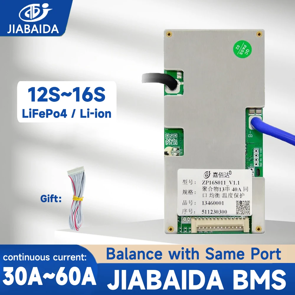 JIABAIDA BMS with Balance Li-ion LiFePO4 12S 36V 13S 14S 48V 16S 48V 30A 40A 50A 60A Hardware BMS NTC JBD BMS