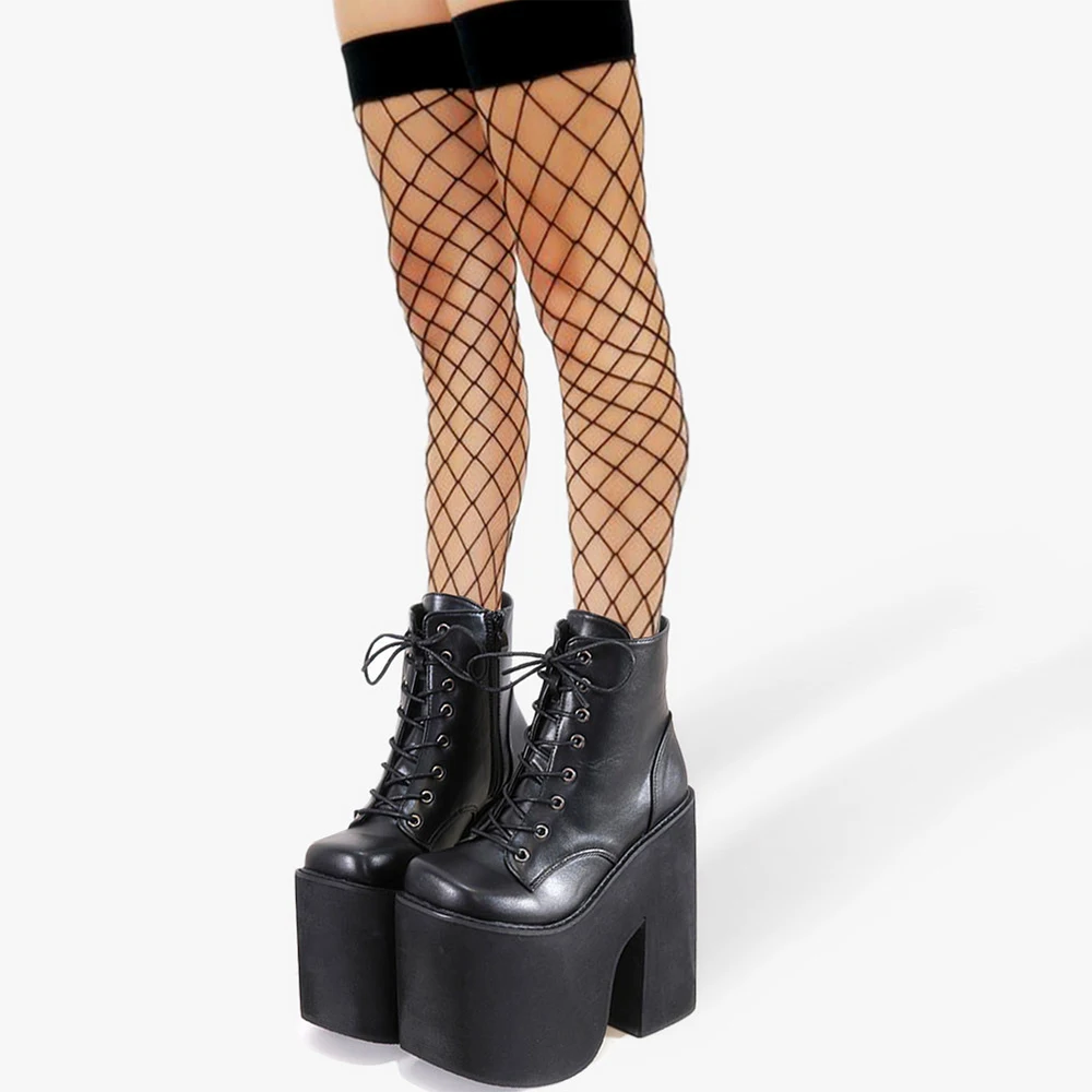 Gdgydh Krótkie buty damskie w stylu Y2K Kwadratowe buty z zamkniętymi palcami Sznurowane buty na platformie Wysokie obcasy Moda Buty w jednolitym kolorze