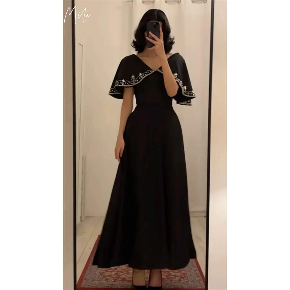 

Mila Black V-Neck A-line Party Dresses Zip Satin Embroidery Evening Dresses Beading Ankle-Length Customized Prom Dresses 2025