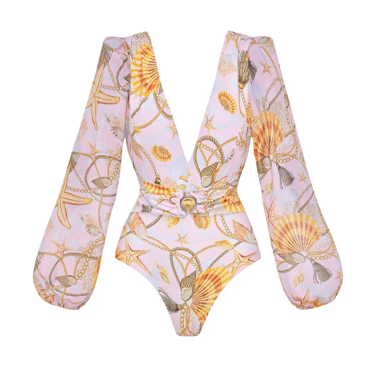 2024 Long-sleeved Pink Starfish Shell Print One Piece Swimsuit Set Swimwear Bathing Suit Bikini Women\'s two-piece Beach dress