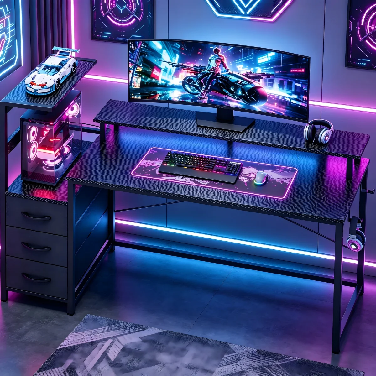Bureau gaming avec étagère et tiroirs, bureau équipé d'éclairage LED, 2 prises de courant intégrées et 1 port USB, table d'ordinateur avec étagère de rangement et support de moniteur