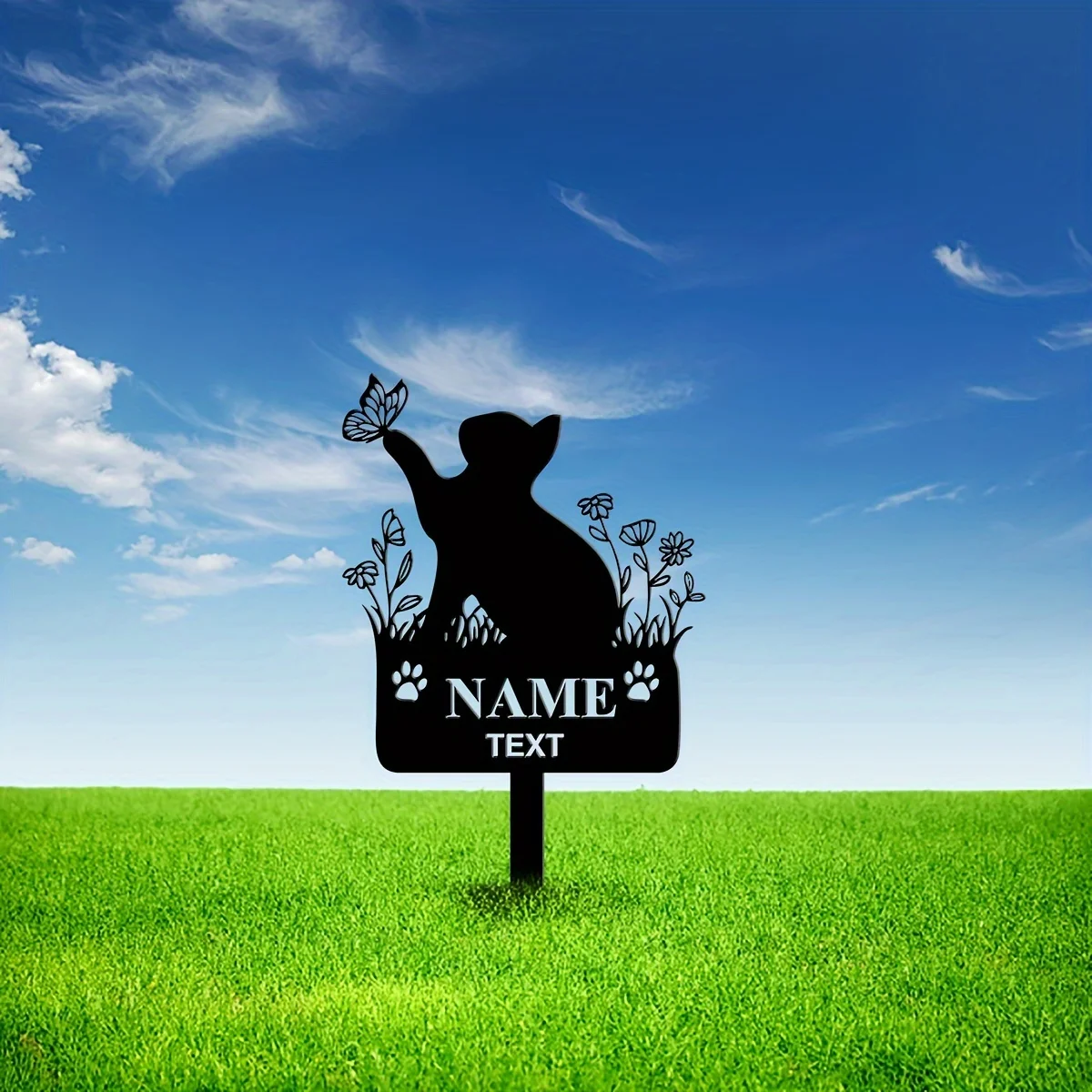 Personalized Cat Memorial Stake - Custom Pet Name Plate, Heavy-Duty Iron Grave Marker with Floral & Butterfly Garden Decor