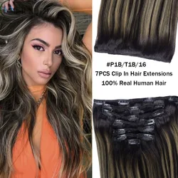 Hair Extensions Clip In Human Hair 7PCS Balayage Natural Black To Golden Blonde Clip In Hair Extension Real Human Hair Extension