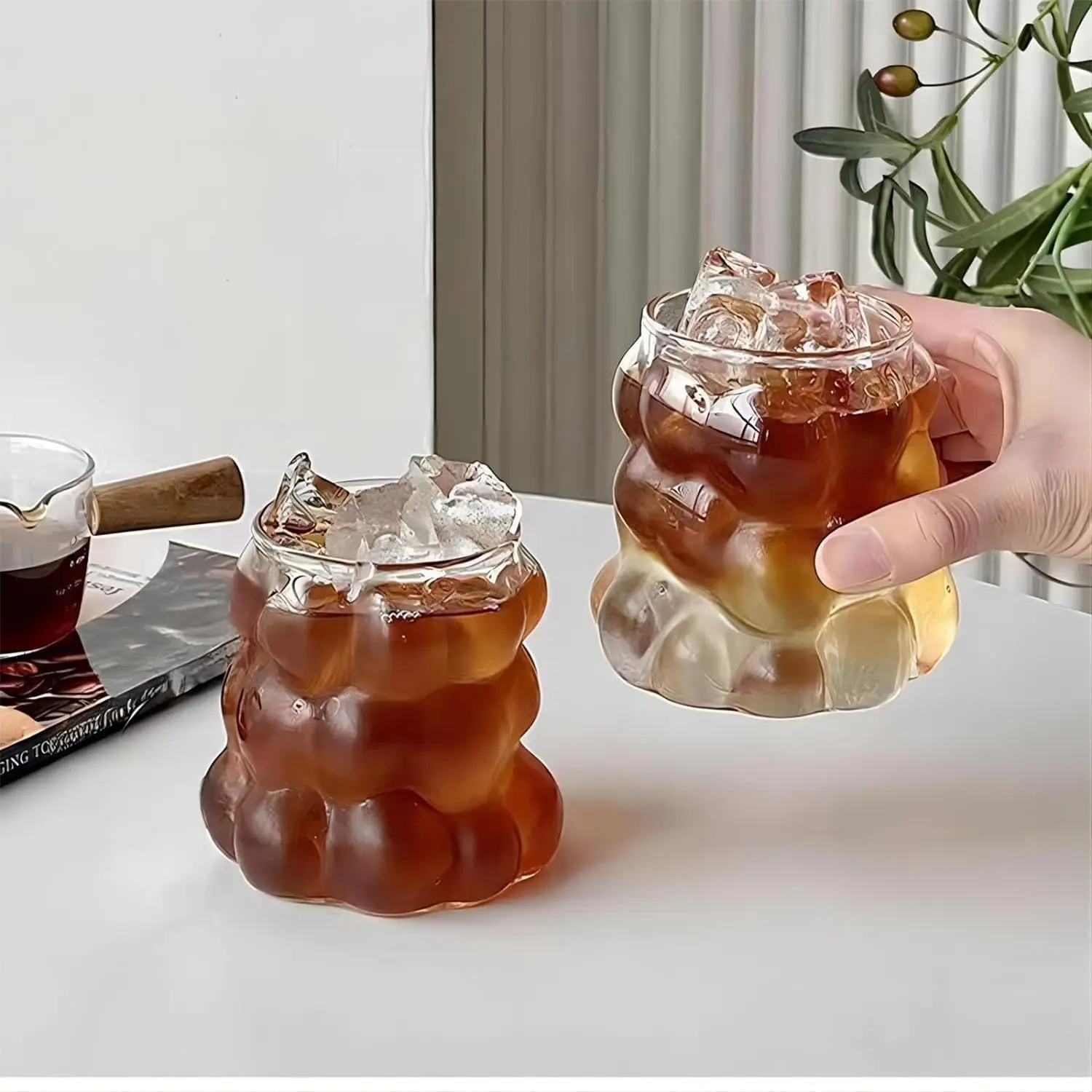 4 creative 350ml/11.8oz glass cups, cute cocktail cup set, iced coffee cup, short aesthetic beverage set, kitchen dining table