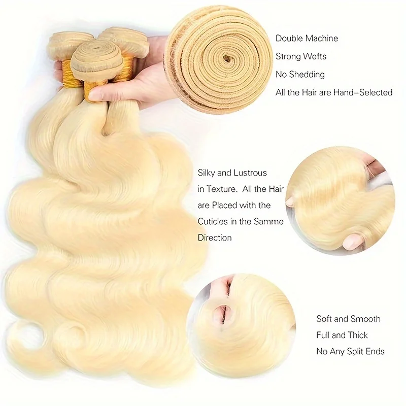 Bundles brésiliens de vague de corps de cheveux humains pour les femmes, 613 blond, vierge, extensions de cheveux, 3 faisceaux, 613