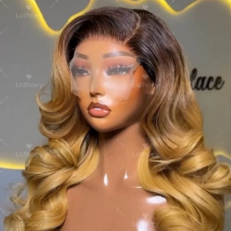 تسليط الضوء على باروكة من الشعر البشري، لون البيانو، باروكة أمامية من الدانتيل، باروكة برازيلية، شعر أشقر نسائي، باروكة دانتيل، موجة جسم عسلي