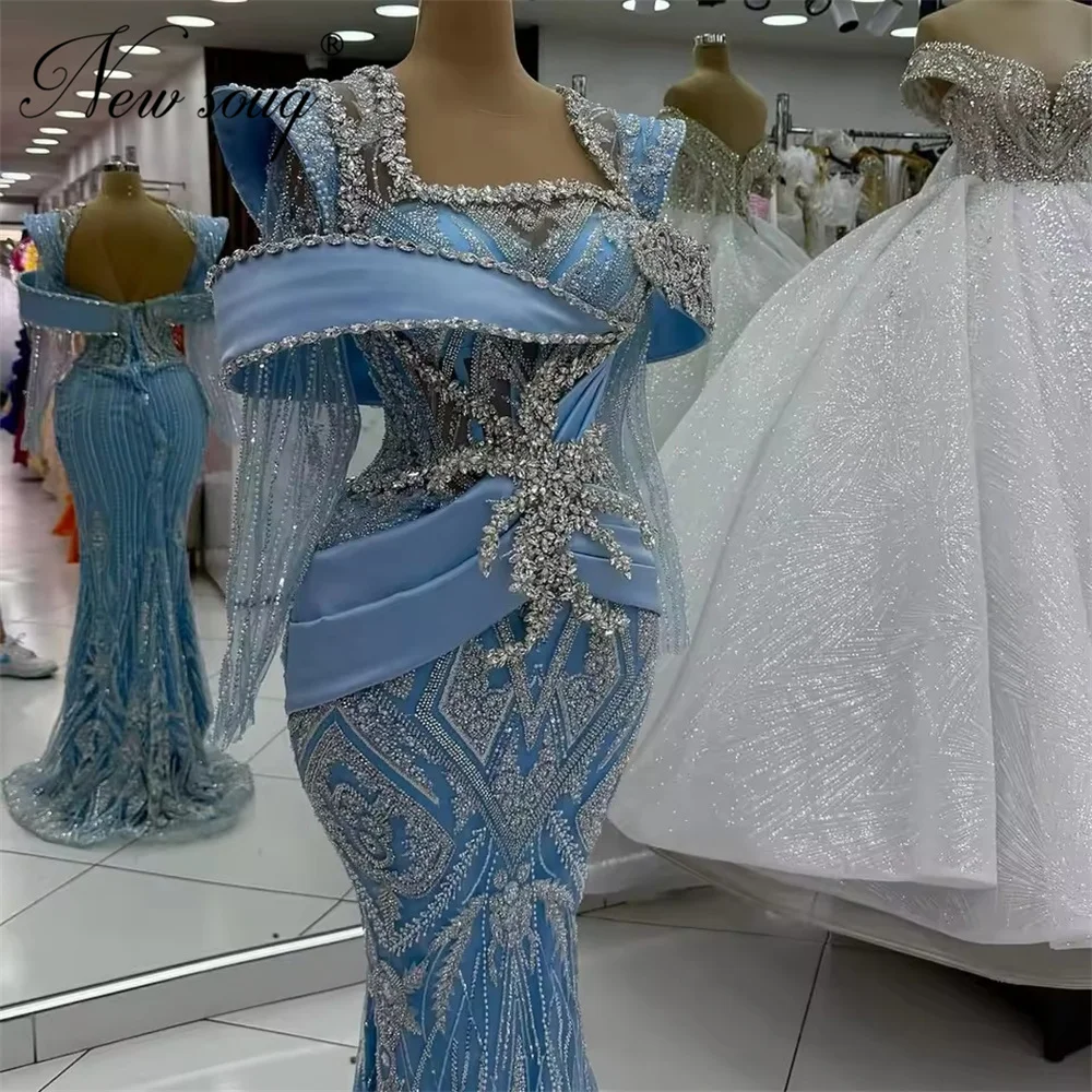 

Дубай Синие коктейльные платья с открытыми плечами Элегантные длинные рукава из бисера Свадебные платья для гостей Индивидуальное вечернее платье с кристаллами