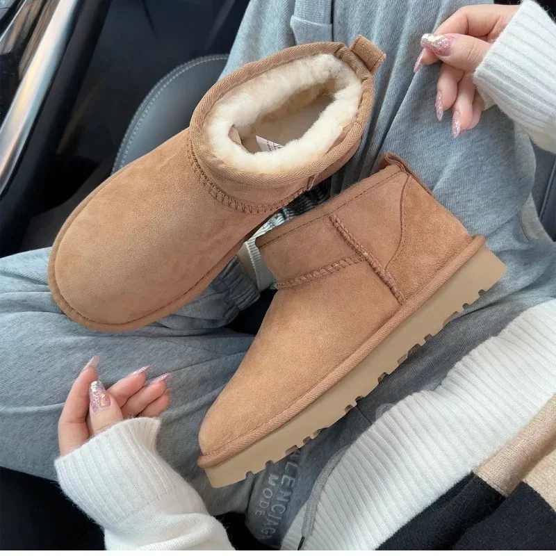 NO-LOGO véritable laine de mouton, mini bottes de neige classiques en peau de mouton, bottes chaudes décontractées châtaigne pour femmes bottes à plateforme