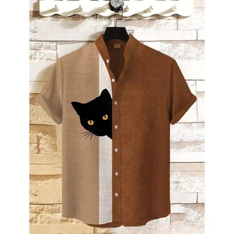 

2025 Japanese Lamian Noodles sushi black cat printed linen shirt pure stand collar casual shirt funny shirt
