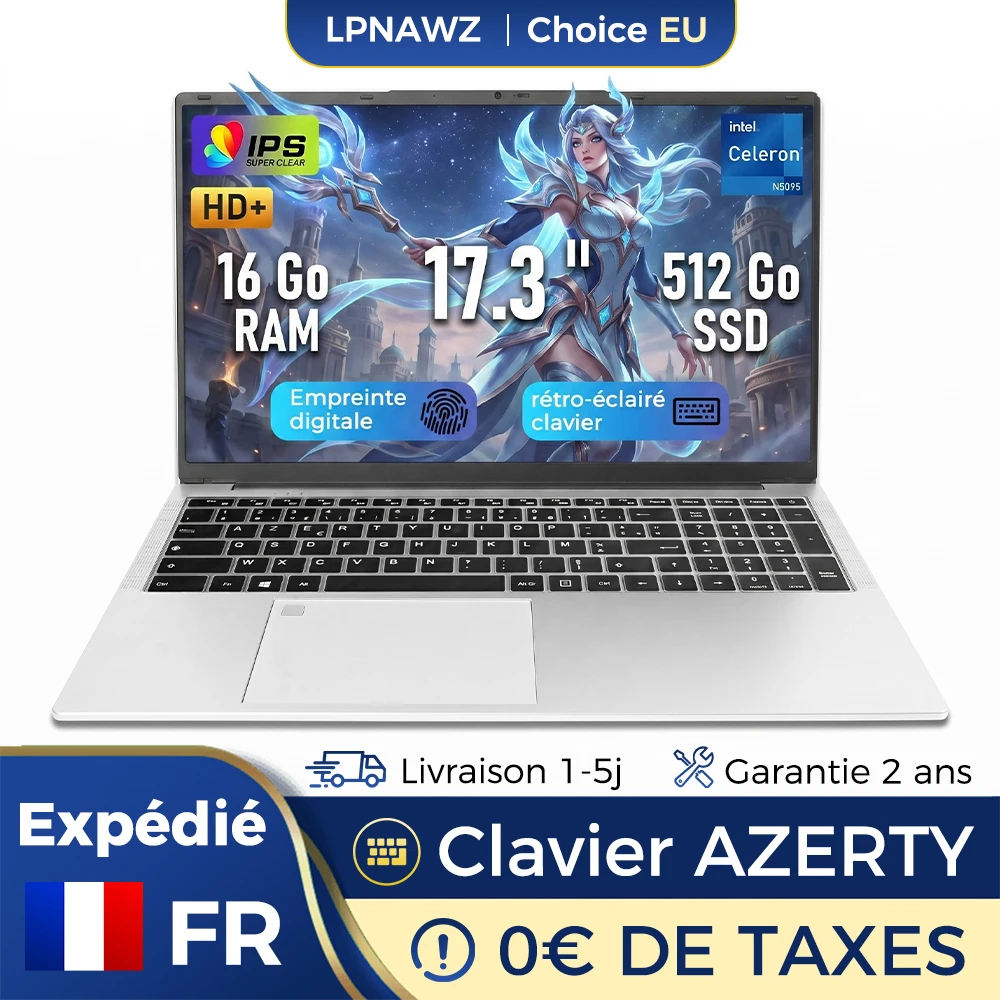 Ordinateur Portable 17,3" Full HD+ Intel Celeron N5095, 16 Go RAM, 512 Go SSD, Clavier AZERTY Français Rétroéclairé avec Pavé Numérique, Déverrouillage par Empreinte Digitale, Windows 11, WiFi Dual