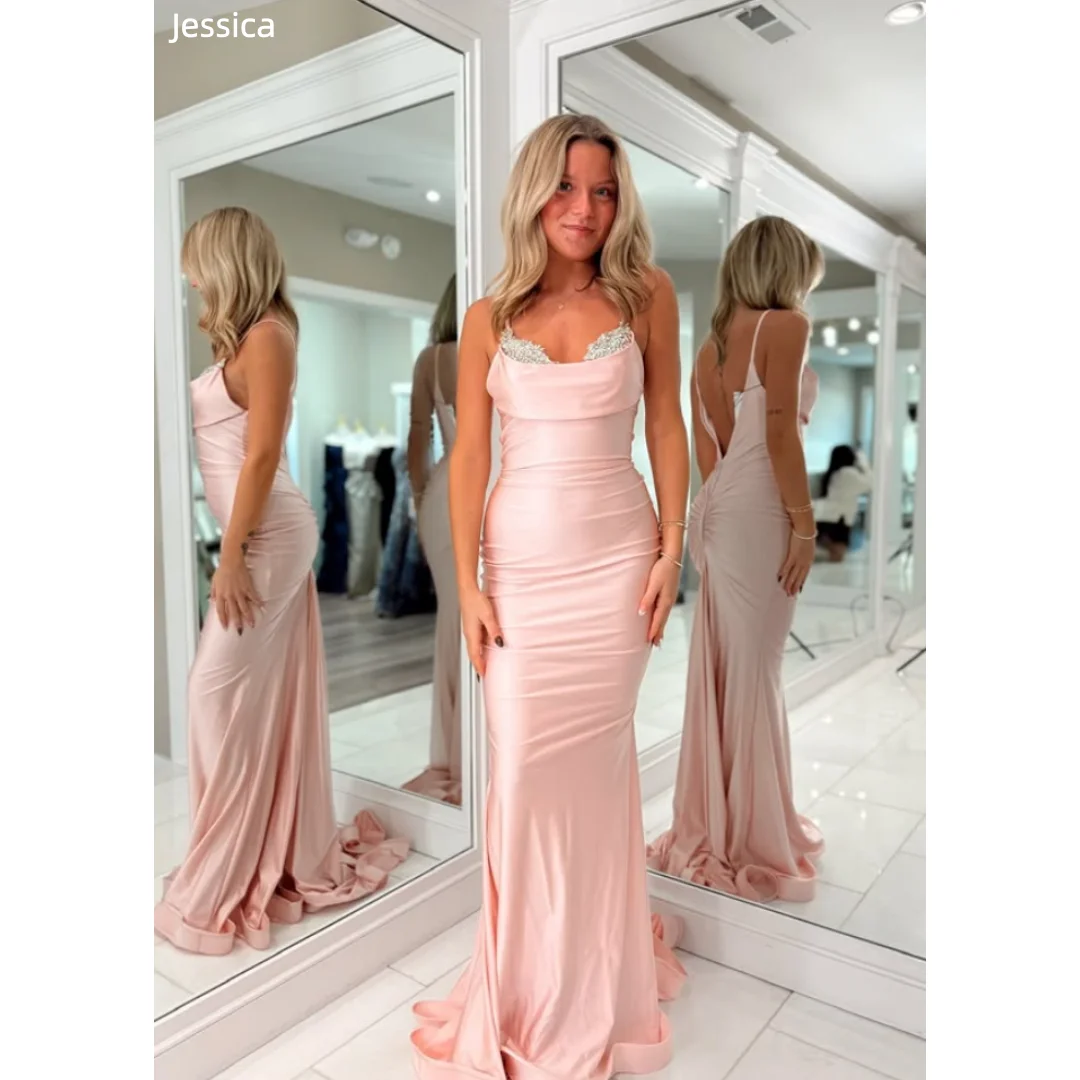 

Jessica Sparkling Beaded Spaghetti Strap Evening Dresses Pink Imitation Silk Satin Prom Dresses Slim Lady Party Dresses