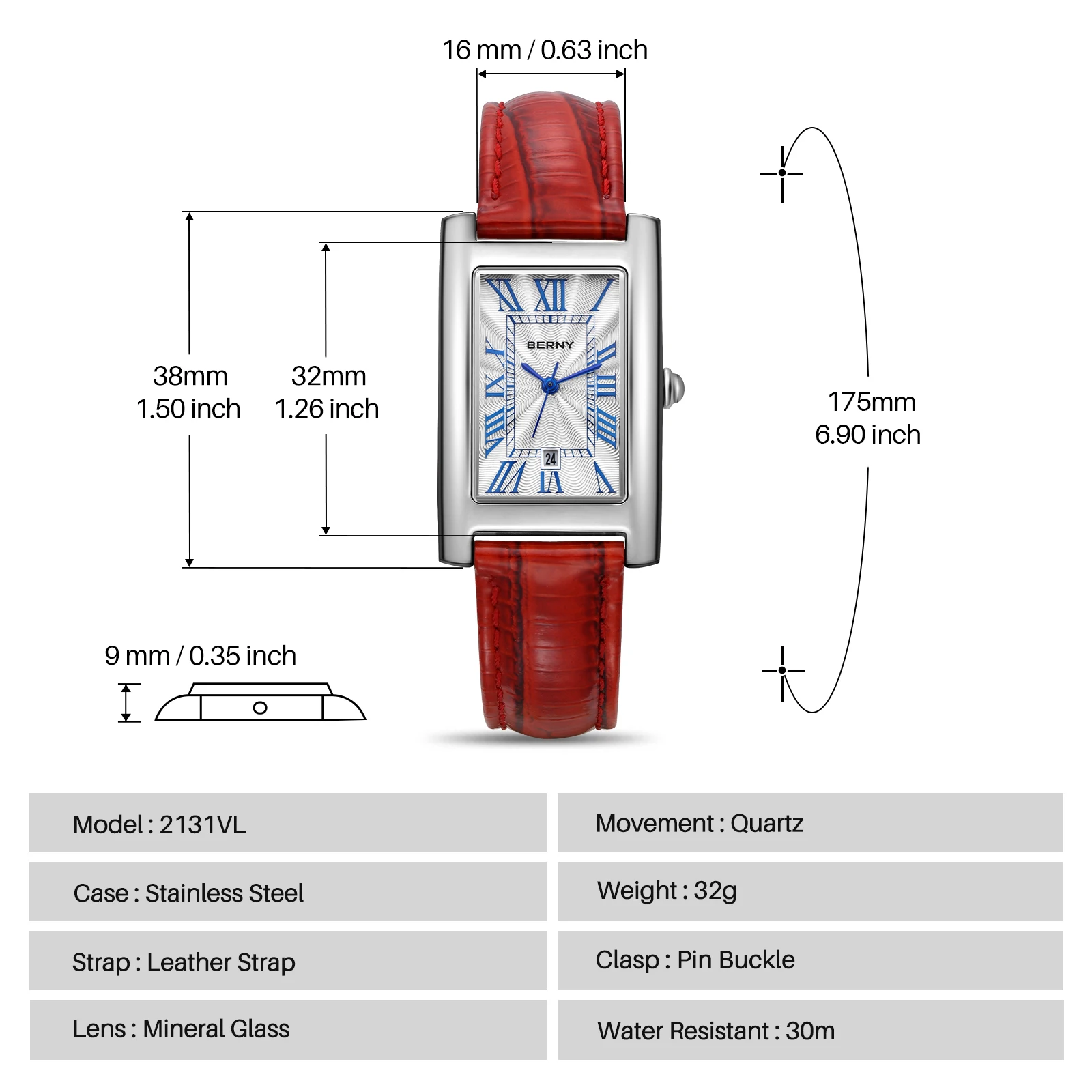 BERNY Rechteckige Uhr für Damen, luxuriöse Quarz-Business-Damen-Kalender-Armbanduhr, römische Ziffer, quadratische Leder-Damenuhren