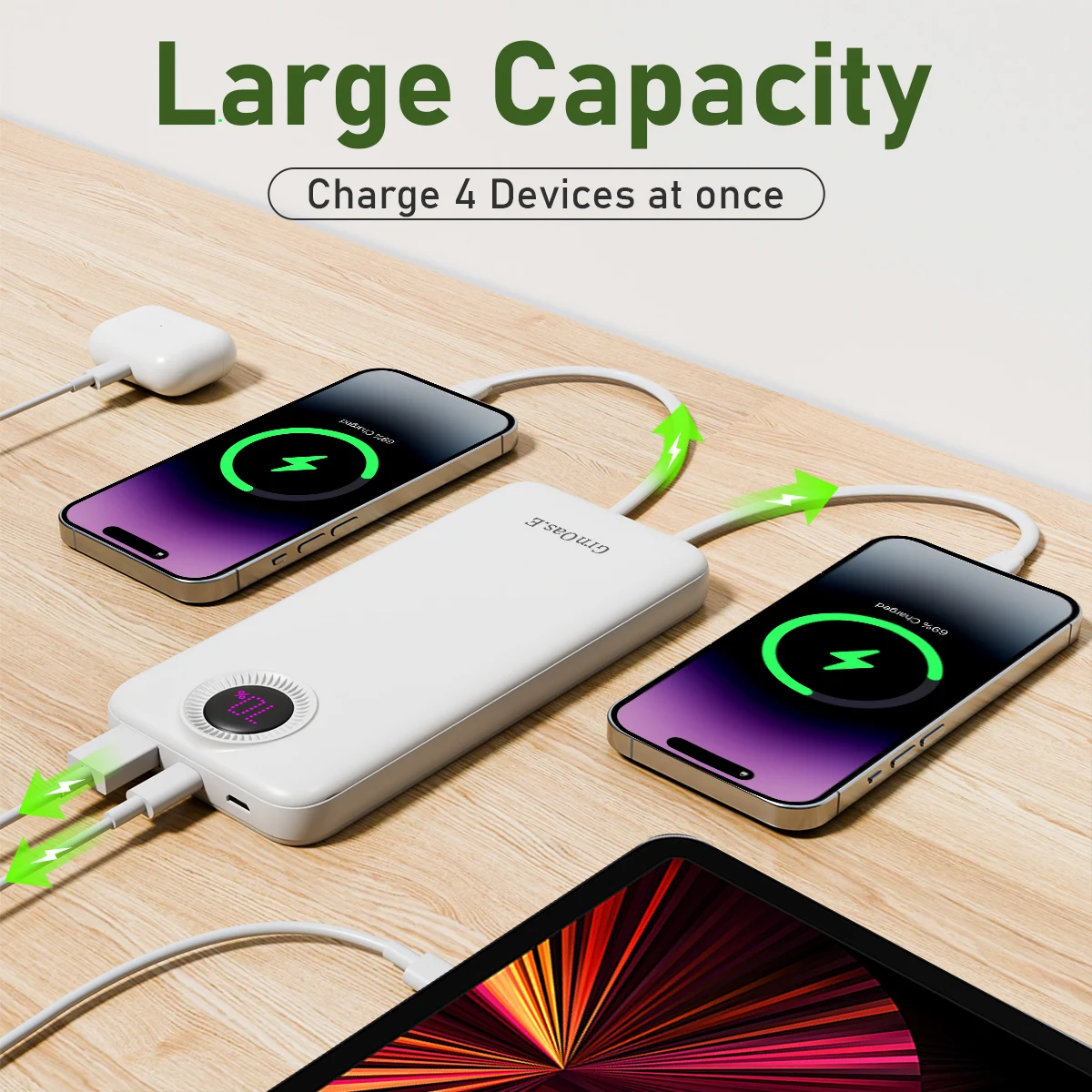 شاحن محمول مع كابلات مدمجة 10000 مللي أمبير في الساعة 22.5 وات ماكس باور بانك شحن عالي السرعة 4 مخرجات 2 مدخلات لهواتف iPhone Android