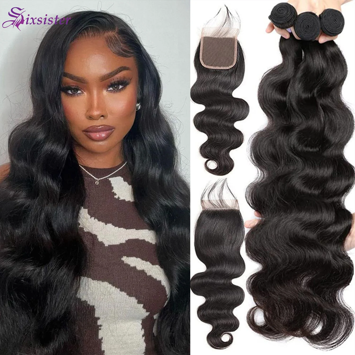 

Бразильские волосы Body Wave, 3 пучка с закрытием, 100% натуральные необработанные волосы для наращивания, 3 пучка с кружевным закрытием 4x4, натуральный черный цвет