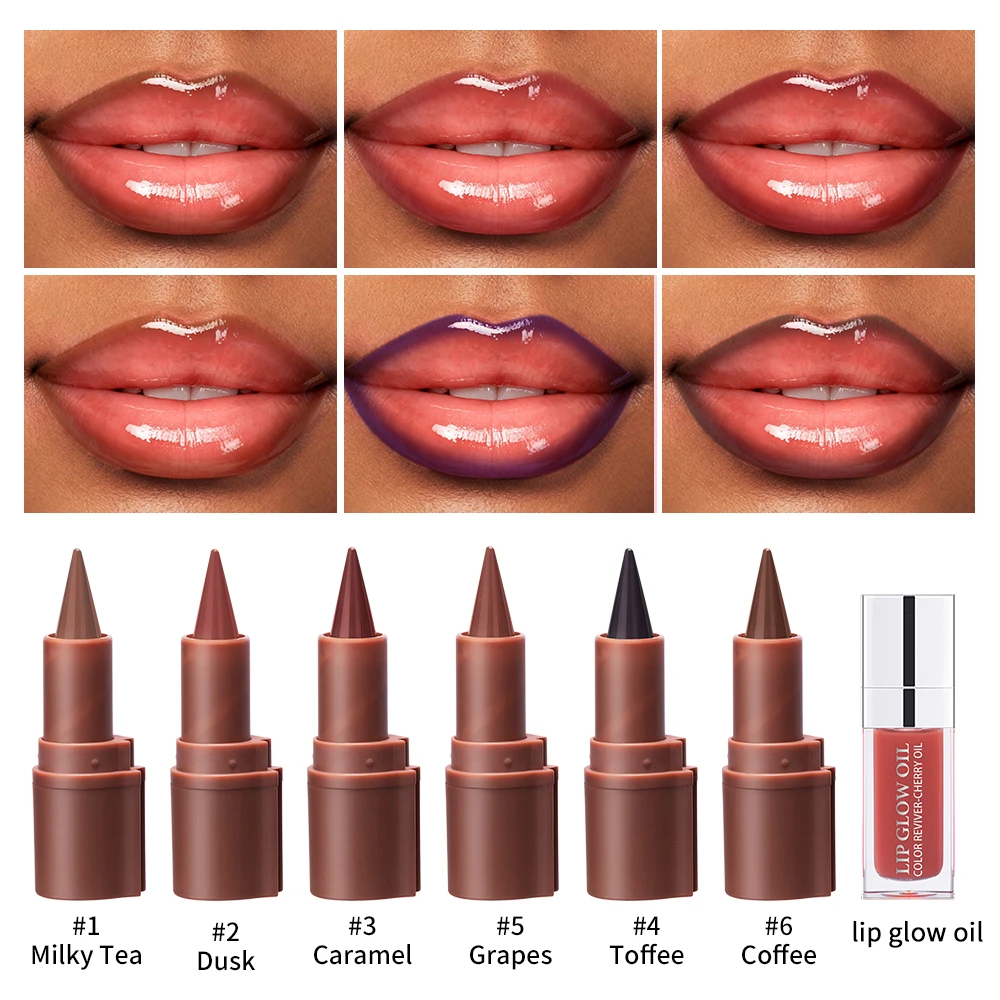 Juego combinado de labios desnudos, delineador de labios marrón oscuro con brillo desnudo rosa brillante, labios brillantes de larga duración, sensación ligera, 2 uds.