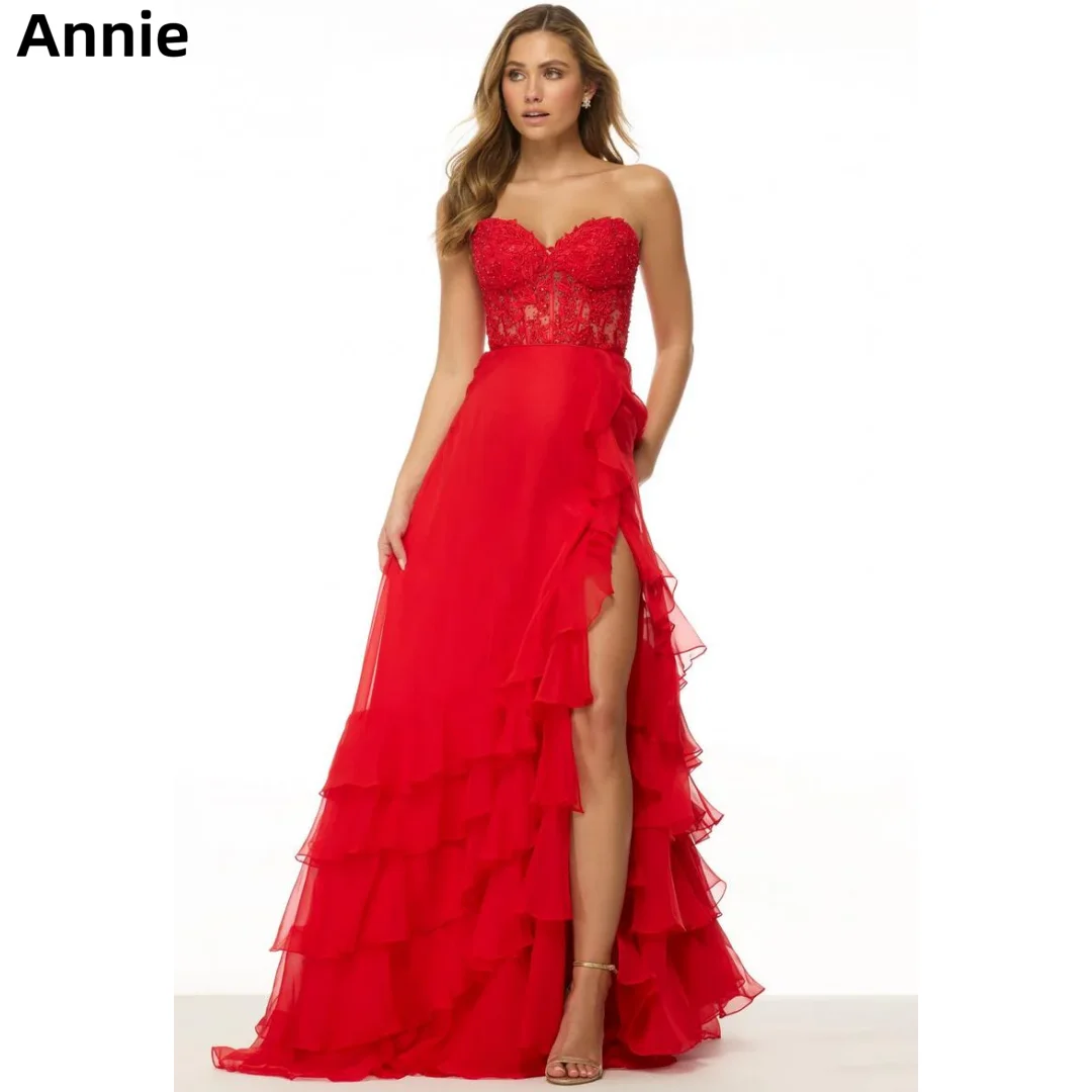 

Annie Ruffled Multi-layer Prom Dresses Embroidery Red Evening Dresses Corset Formal Occasions Robes De Soirée Customized
