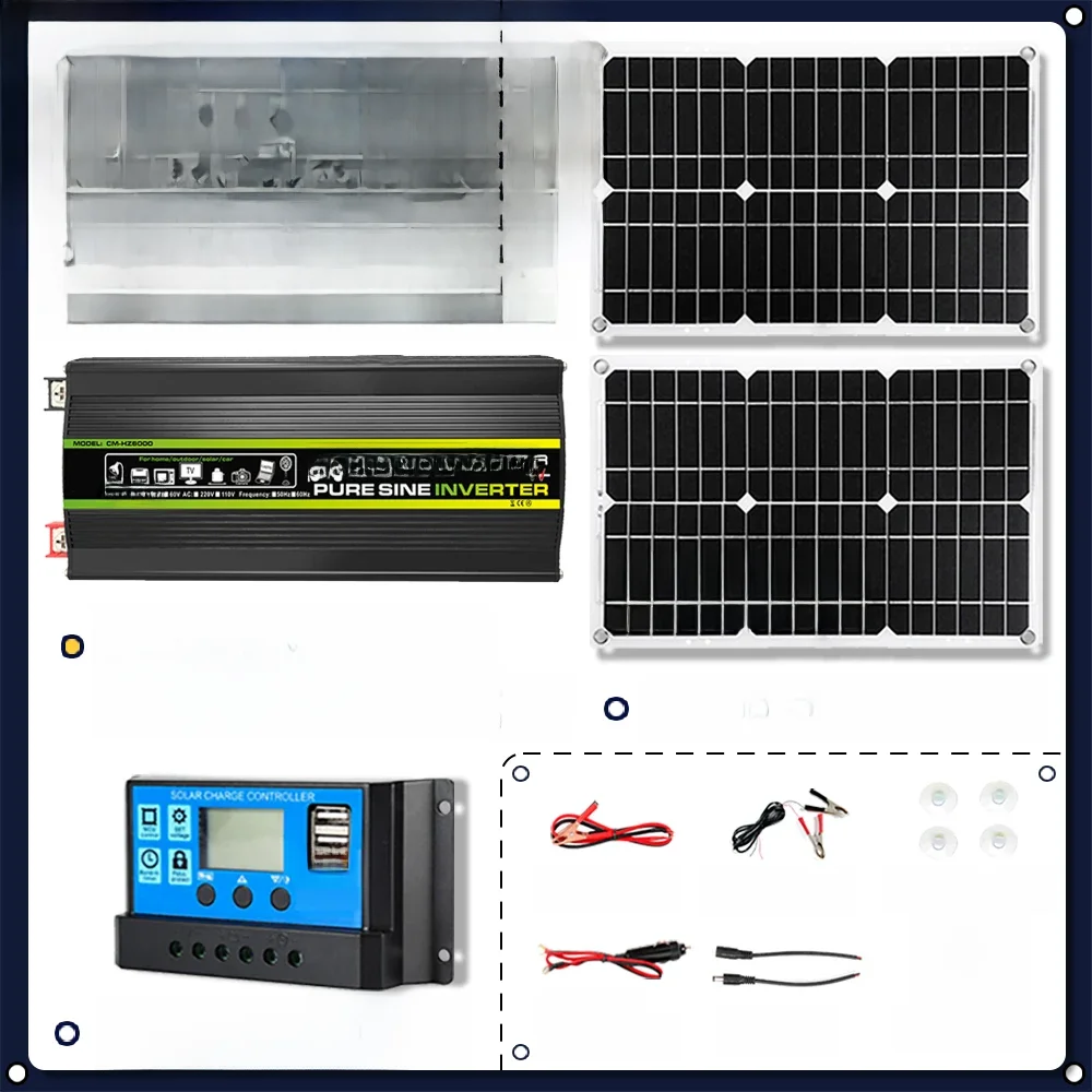 6000 W reiner Sinus-Solar-Wechselrichter, Speicher 600 W Panel, Solarenergiesystem-Kit,