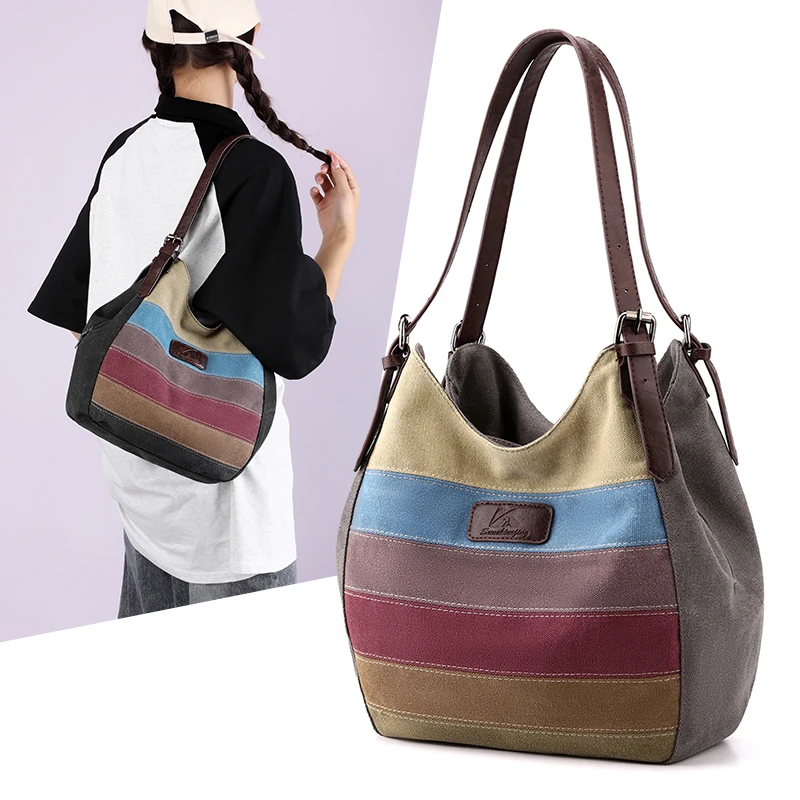 Multi-color Patchwork Canvas Bag Fashionable Casual Shoulder Bag Large Capacity Retro Tote