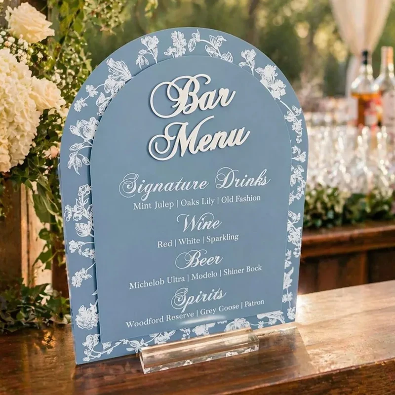3D ARCH Blue Toile Floral Chinoiserie Bridal Shower Signature Cocktail Sign Wedding Reception  Luxury Elegant French Blue Bar