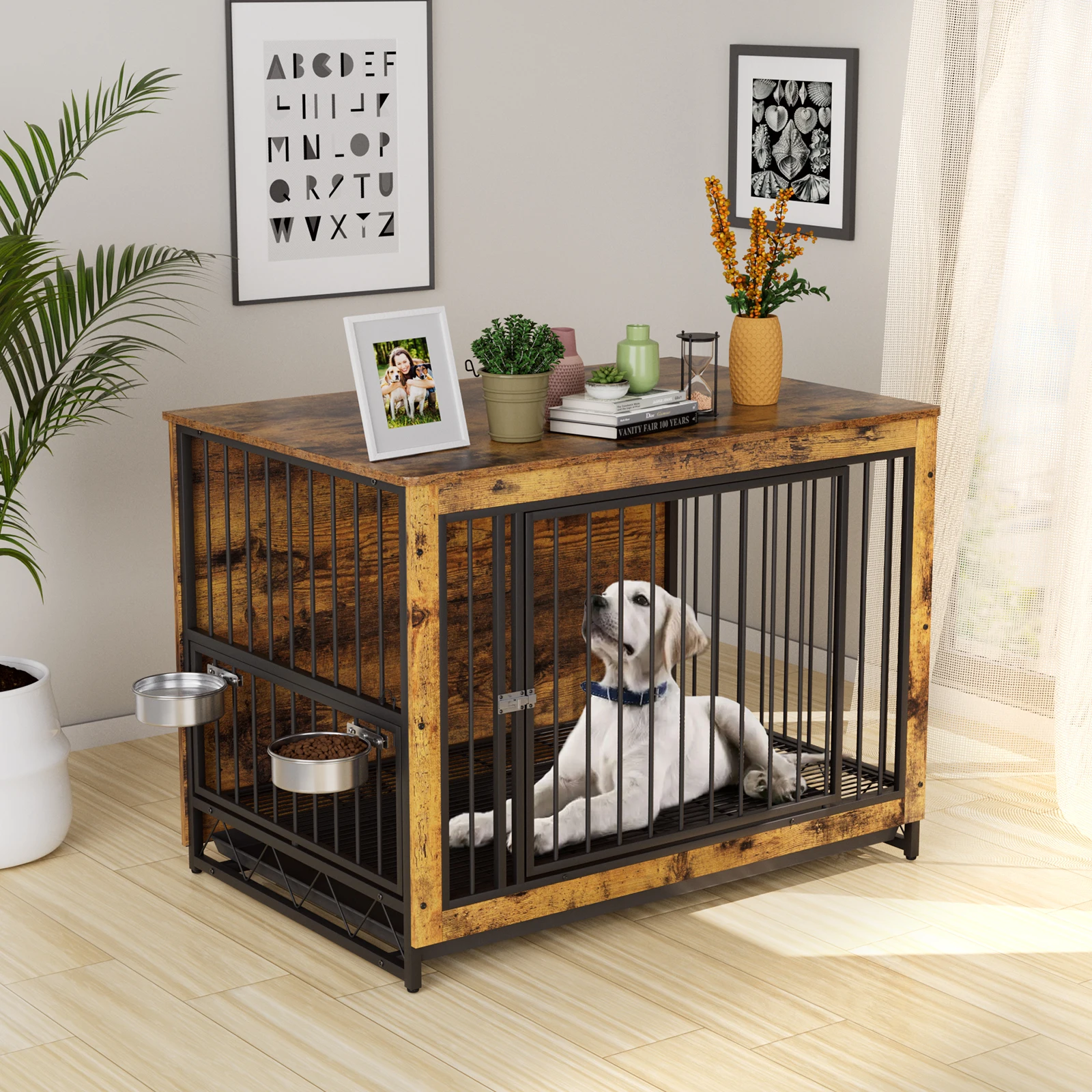 AOOU Furniture Style Dog Crate w/2 Bowls, Wooden End Table Dog House, Dog Kennel Cage w/360° Adjustable Feeder, Removable Tray