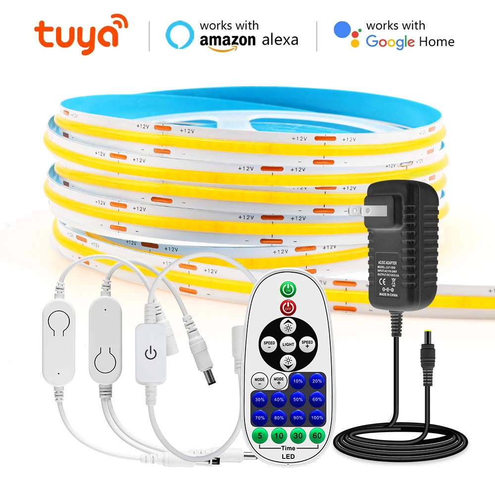 

Tuya WiFi COB LED Strip Light Power Kit High Density Flexible FOB Tape Ribbon Cabinet Door Touch Dimmer Work With Alexa Google