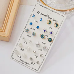 12 Pairs Small Planet Moon Star Stud Earrings Set For Women Simple Geometric Flower Rhinestone Earrings Fashion Party Jewelry